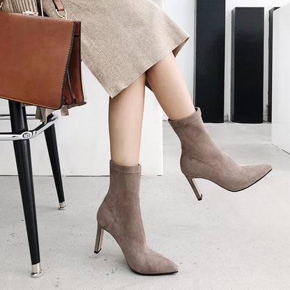 Women's Pointed Toe Short Suede Boots with Elastic High Heel