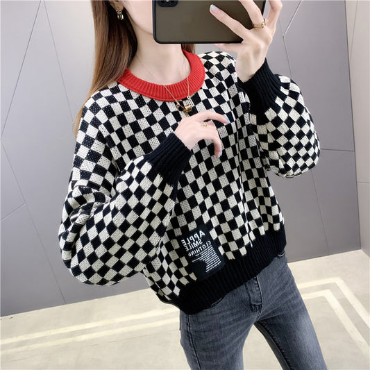 Striped Wool Plaid Long-Sleeved Sweater with Round Neck