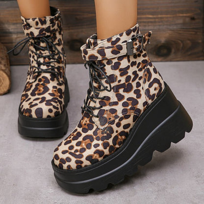 Plus Size Leopard Print Platform Height-Increasing Martin Boots