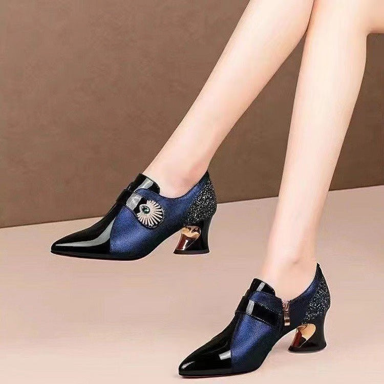 Women's Fashion Rhinestone Mid Heel Deep Mouth Pumps in Soft Leather