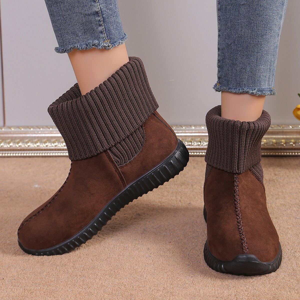 Winter Fashion Flat Ankle Boots for Women – Comfortable Reversible Knitted Design Snow Boots