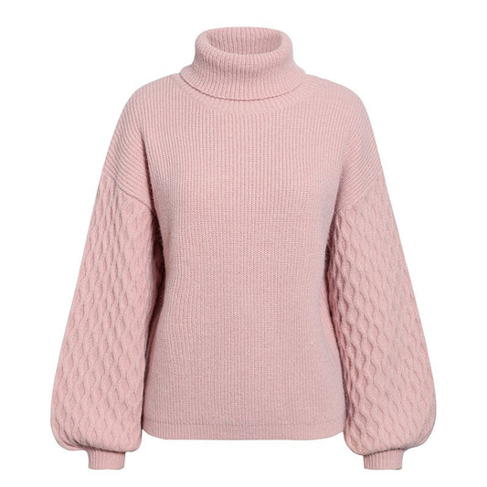 Solid Color Turtleneck Lantern Sleeve Sweater with Sweet Style