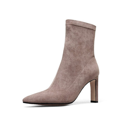 Women's Pointed Toe Short Suede Boots with Elastic High Heel