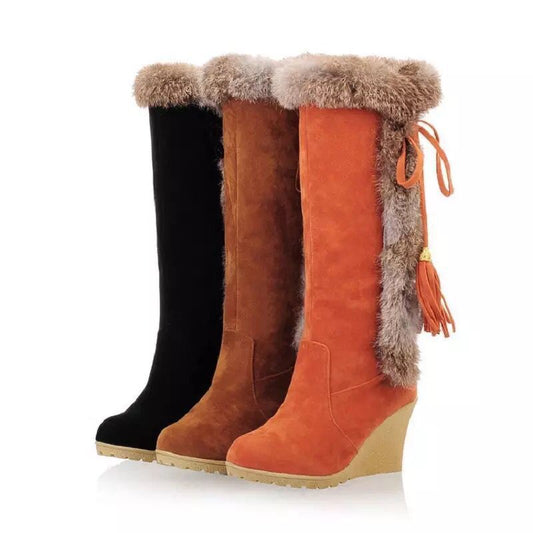 Autumn & Winter New Frosted Plus-Size Wedge Boots – Fur-Integrated High-Top for Women