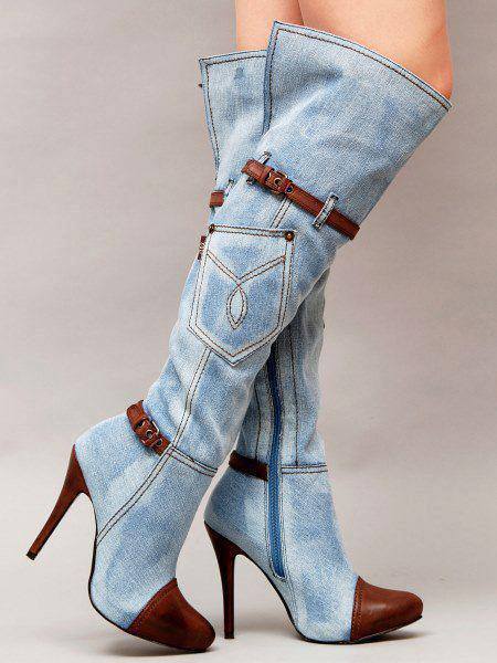 Plus Size Women's Denim Knee-High Boots with Stitching and High Heels