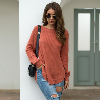 Split Round Neck Long Sleeve Sweater Pullover - Cozy and Stylish