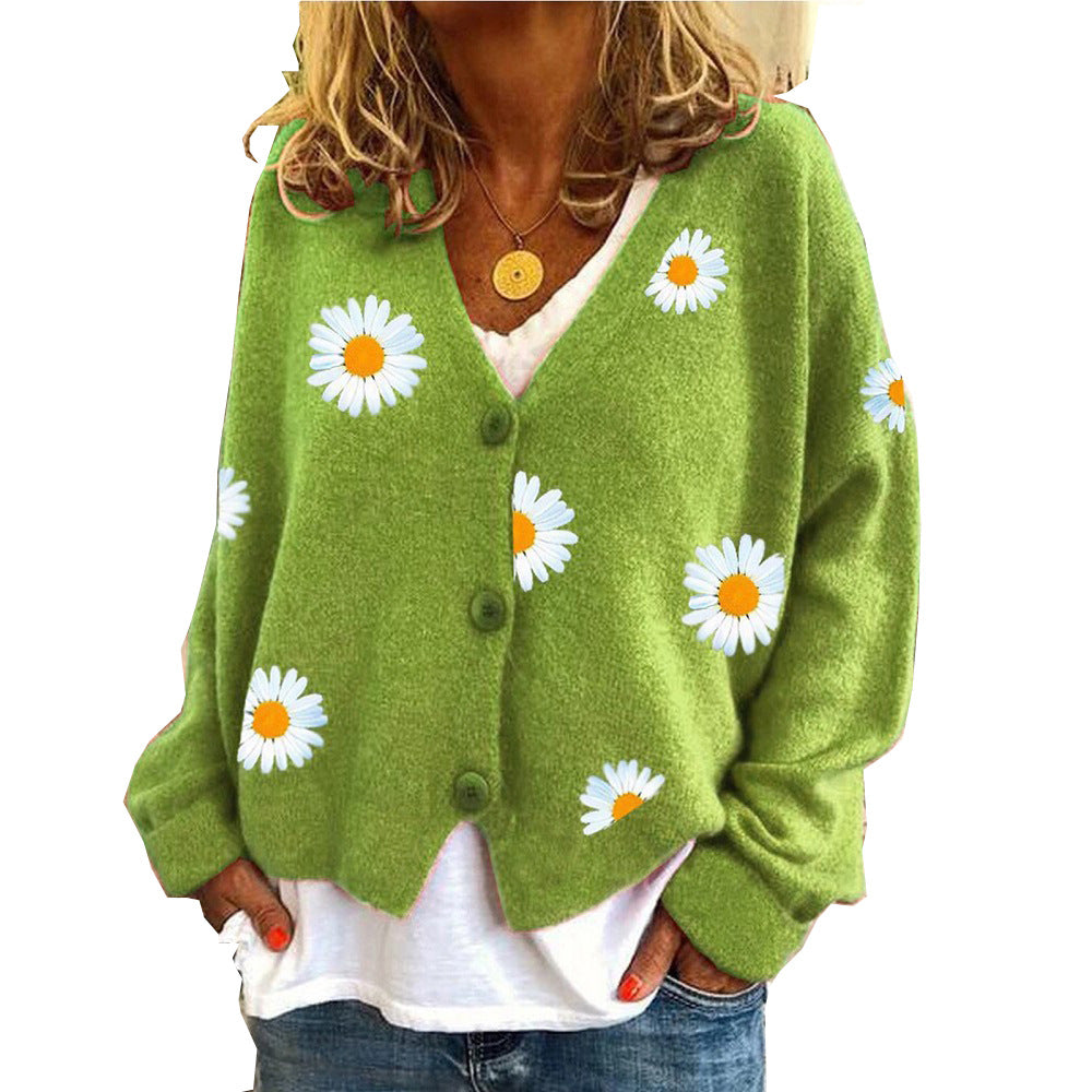 Women's Single Breasted Sweater Chrysanthemum Embroidered Cardigans Coat