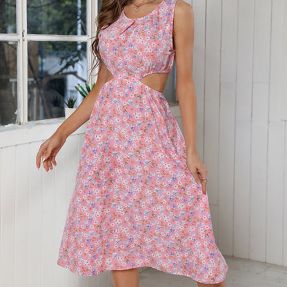 Summer New Chiffon Floral Waist Hollow-out Sleeveless Beach Dress