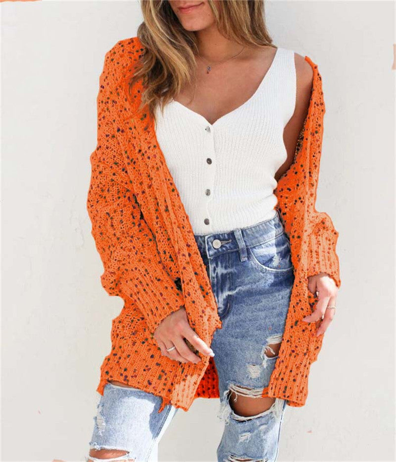 Color Dot Cardigan Long Sleeve Pocket Sweater