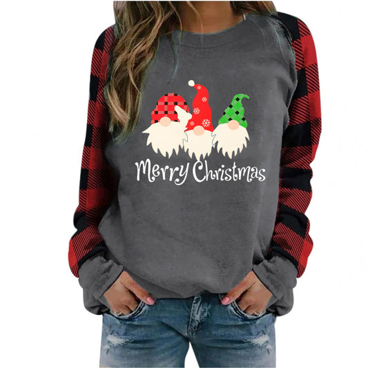 Round Neck Long-sleeved Color Matching Plaid Christmas Print Sweater Women