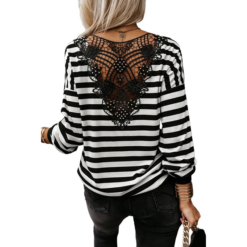 Contrast Striped Pullover Knit Top with Back Lace Detail