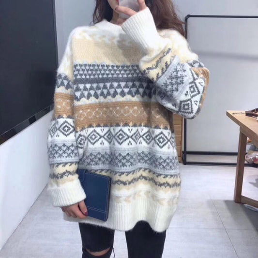 Rhomboid Round Neck Sweater Women's Pullover Sweater