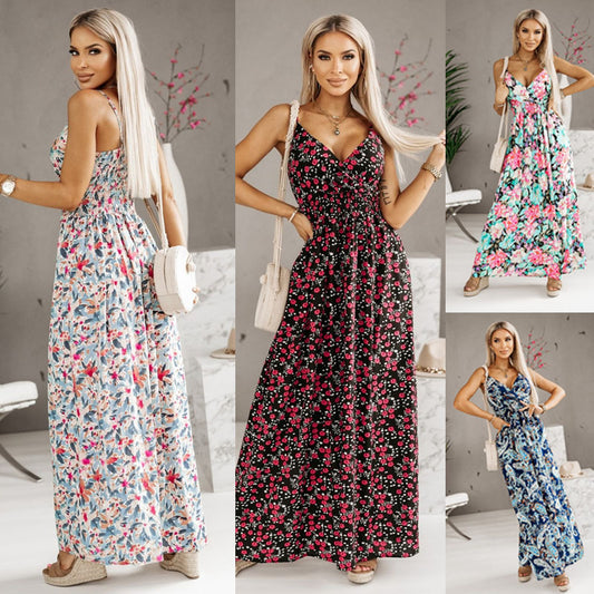 Women's Sleeveless Printed V-neck Brace Long Dress