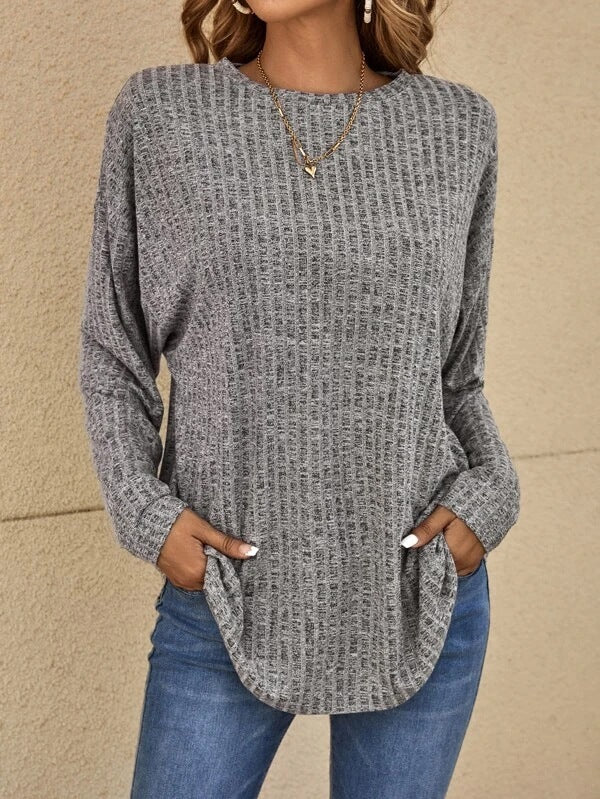 Round Neck Sunken Stripe Long Sleeve Loose T Shirt