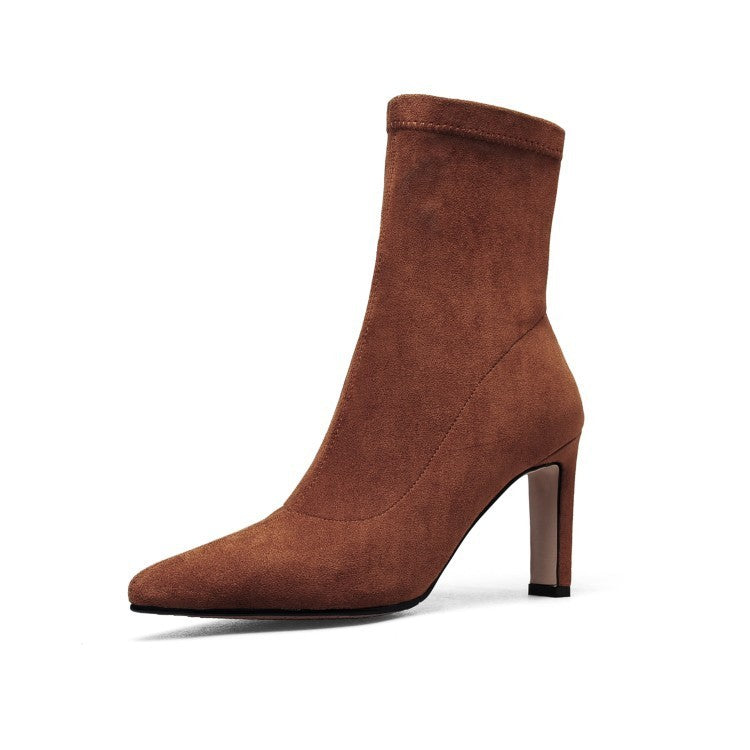 Women's Pointed Toe Short Suede Boots with Elastic High Heel