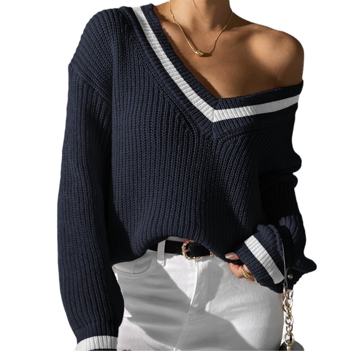 Women's Casual Loose-Fit V-Neck Contrast Color Sweater