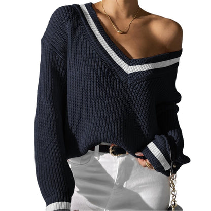 Women's Casual Loose-Fit V-Neck Contrast Color Sweater