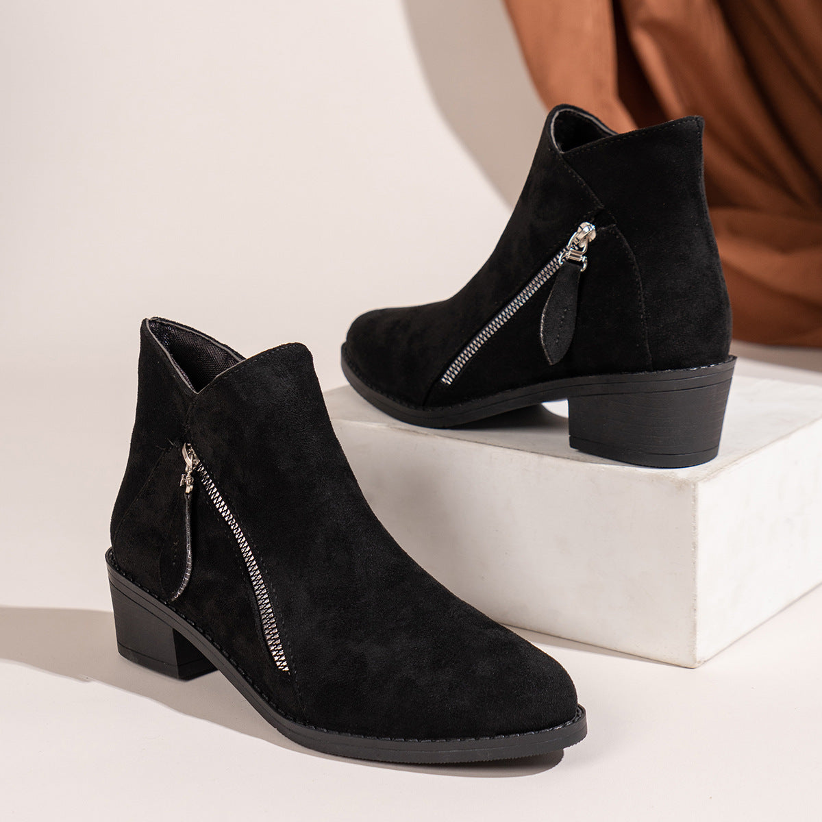 Women's Suede Chunky Heel Booties with Rubber Sole