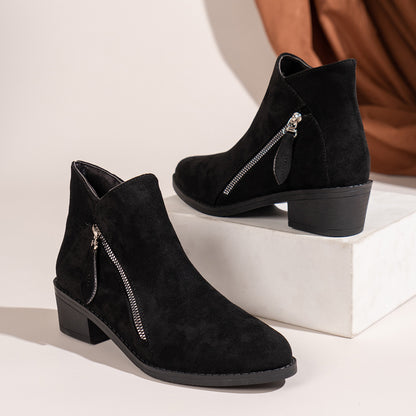 Women's Suede Chunky Heel Booties with Rubber Sole