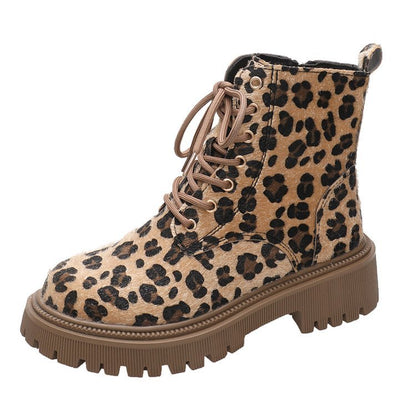 Plus Size Leopard Print Lace-Up Martin Boots with Thick Bottom