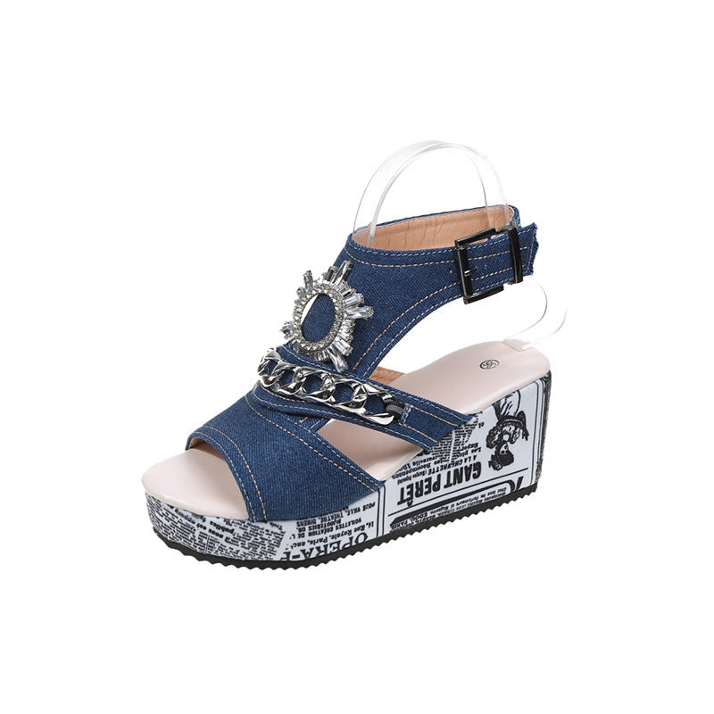 Fashionable Wedge Denim Sandals with Round Toe, Peep Toe, and Rhinestone High Heels – Comfortable and Stylish