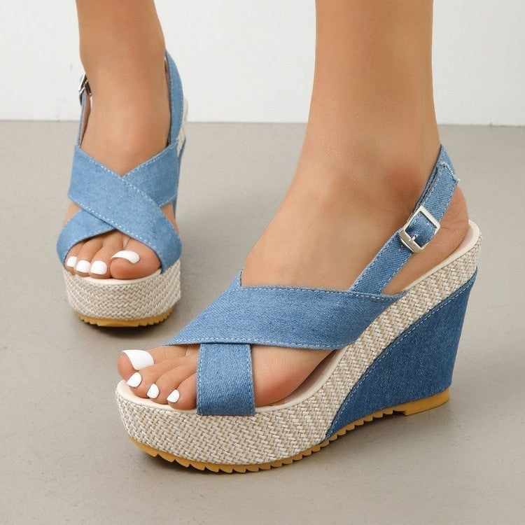 Plus Size Women's Denim Platform Wedge Sandals