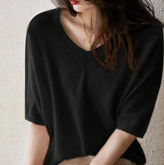 Women's Fashionable Temperament V-neck Solid Color Sweater Top