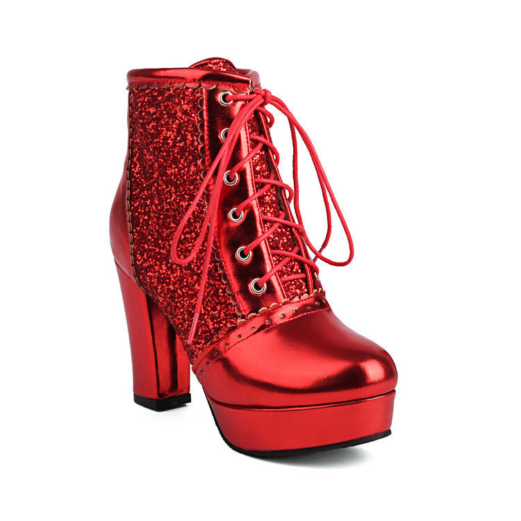 Autumn and Winter Sequin Fashion Boots with Thick Heels and Lace-up Design