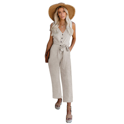 Strap Jumpsuit Solid Color Casual Waistband