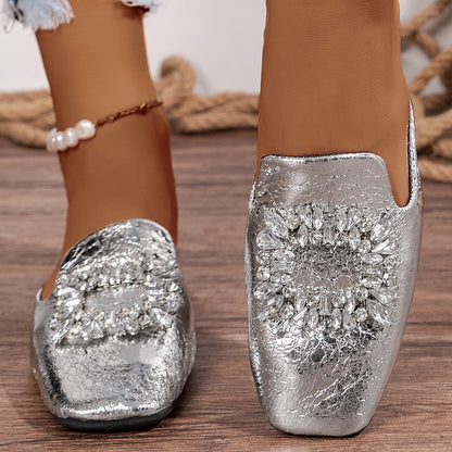 Flat Heel Silver Square Toe Rhinestone Semi-Slippers with Skirt