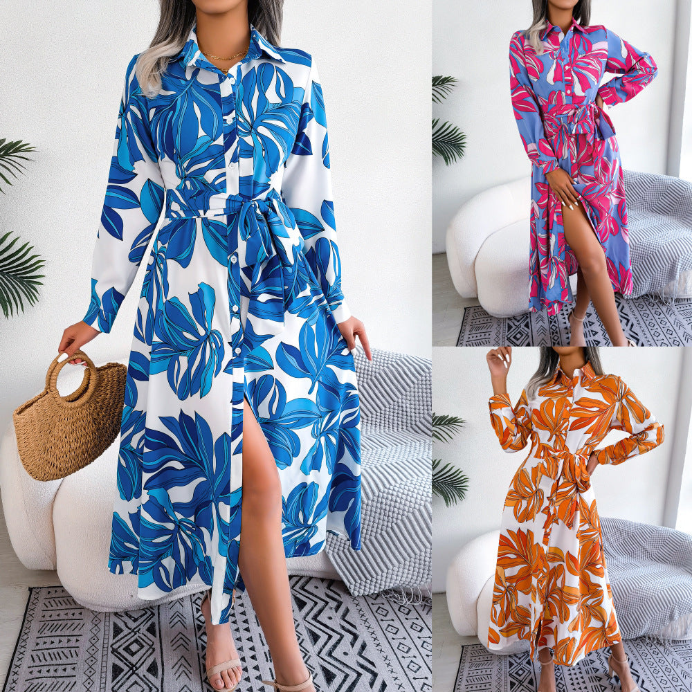 Contrast Color Flower Lapel Tied Shirt Dress Long Skirt