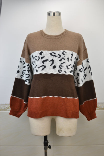 Leopard Print Knitted Sweater with Stylish Stitching