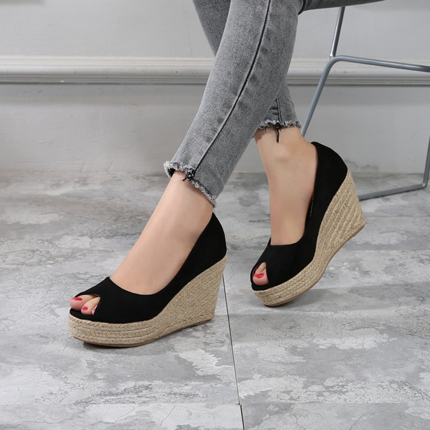 Korean Spring and Autumn Slope Heel Peep Toe Shoes