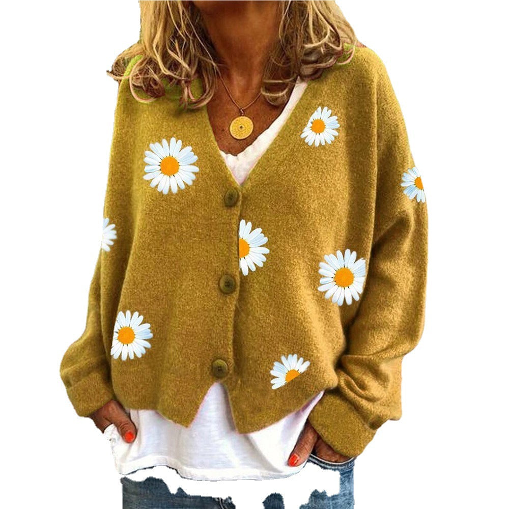 Women's Single Breasted Sweater Chrysanthemum Embroidered Cardigans Coat