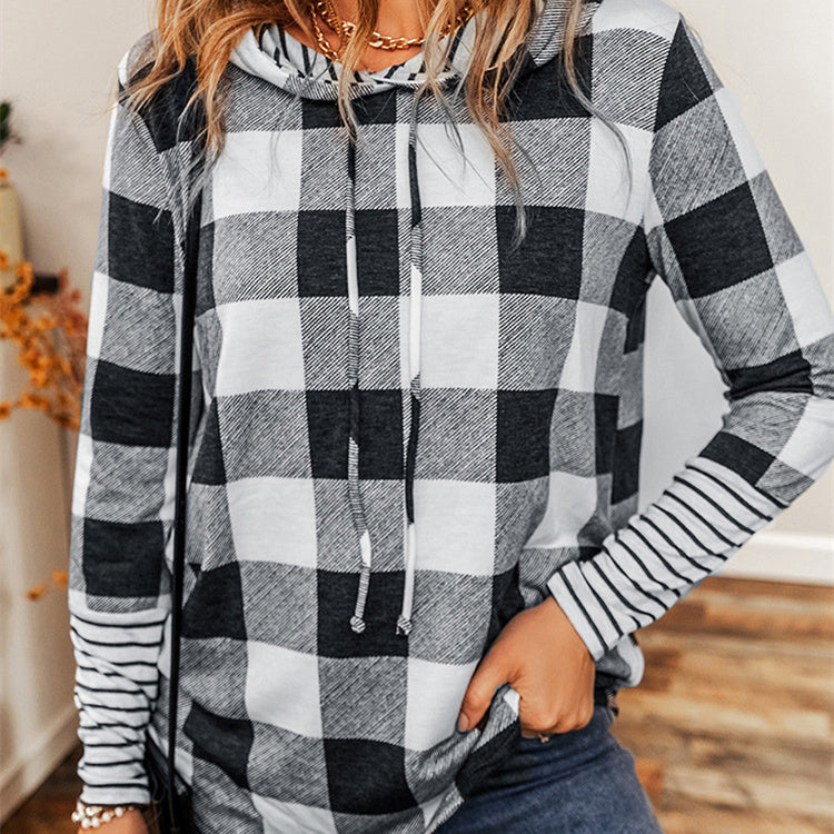 Casual Plaid Stitching Hoodie For Women