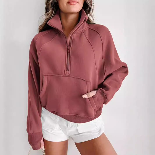 Casual Loose-Fit Hoodie with Stand Collar and Long Sleeves