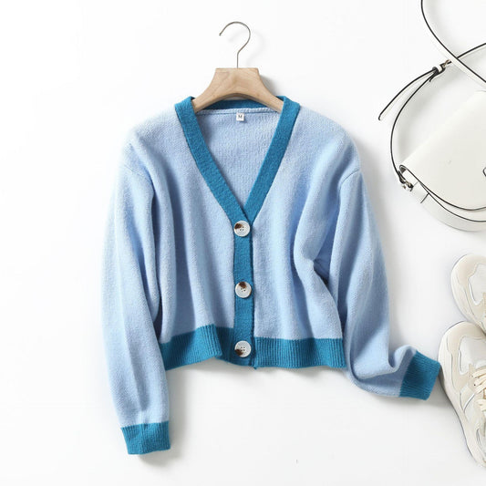 V-Neck Loose Knit Cardigan Sweater Jacket with Three-Button Design