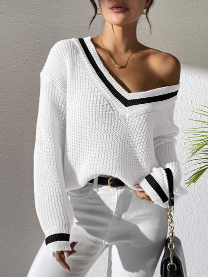 Women's Casual Loose-Fit V-Neck Contrast Color Sweater