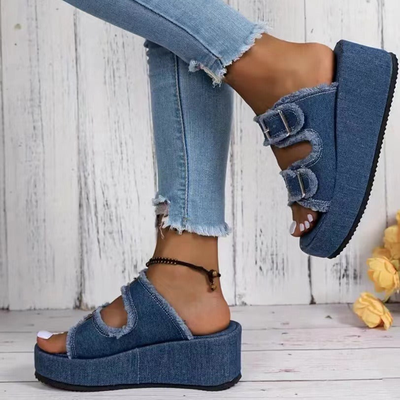 Women's Fashion Denim Buckle Wedges Sandals, Summer Outdoor High Heel Slippers with Thick Bottom