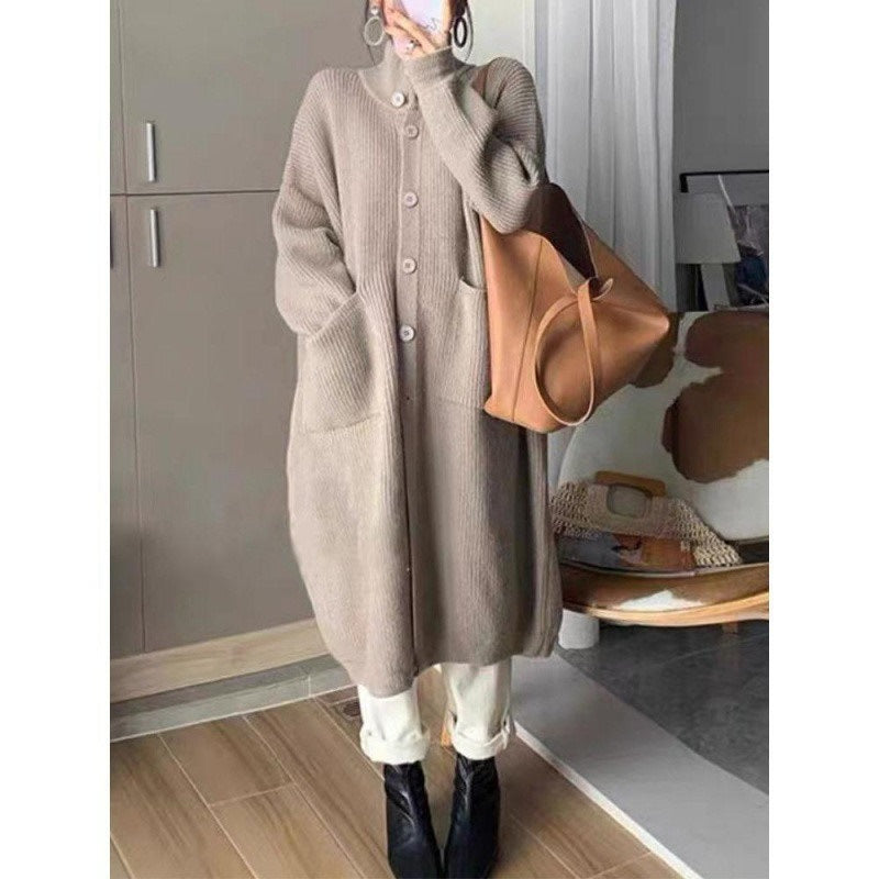 Women's Turtleneck Sweater Coat, Single-Breasted Solid Color Long-Sleeve