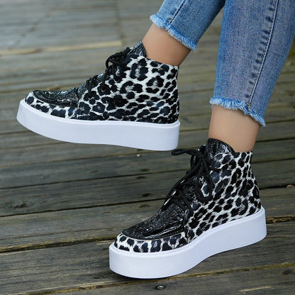 High-Top Leopard Print Flat-Heeled Platform Lace-Up Casual Shoes for Women