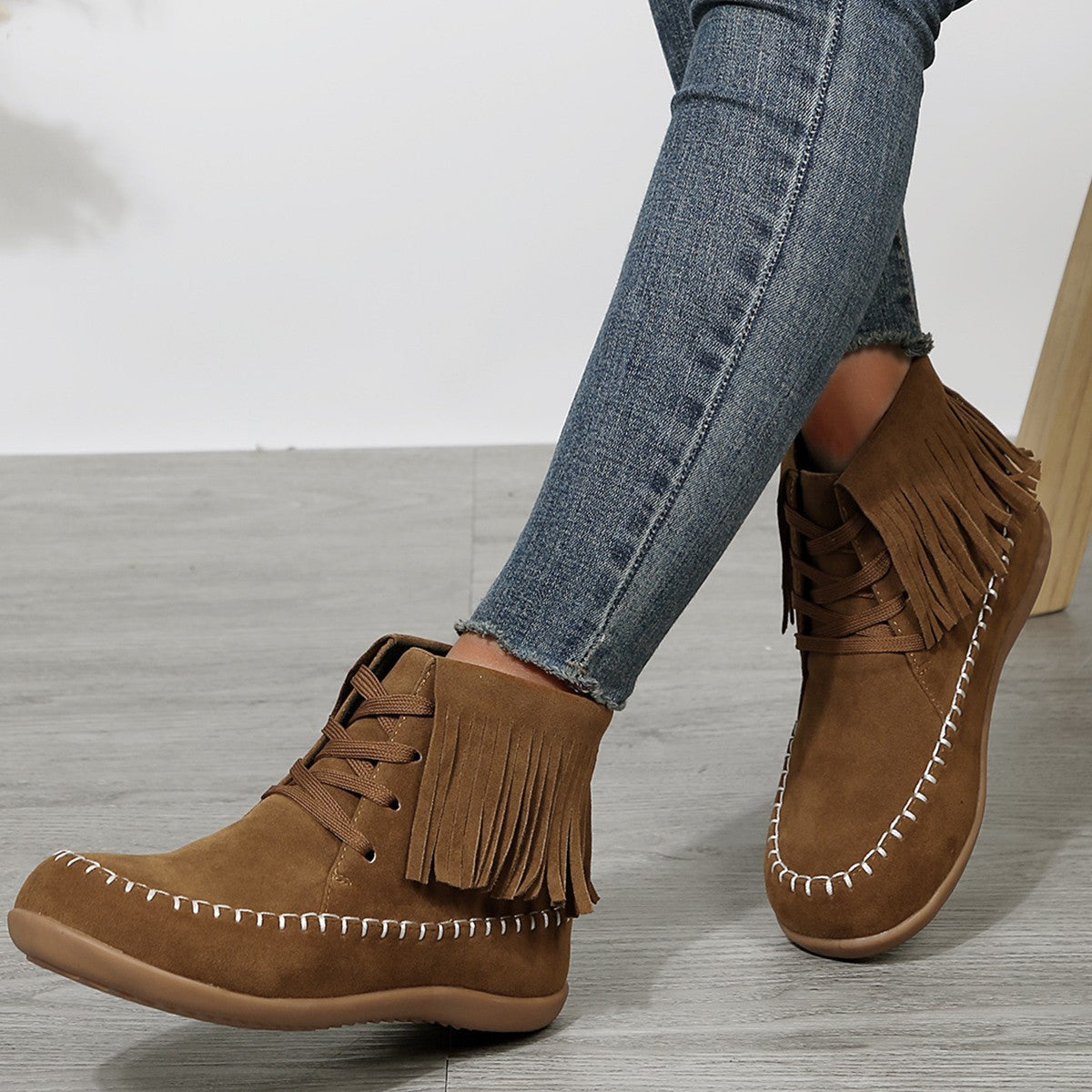 Plus-Size Women's Tassel Lace-Up Booties – Stylish and Comfortable