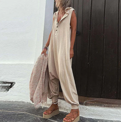 Button Hooded Sleeveless Trousers Jumpsuit