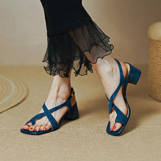 Women's Chunky Heel Cross Strap Toe Ring Sandals