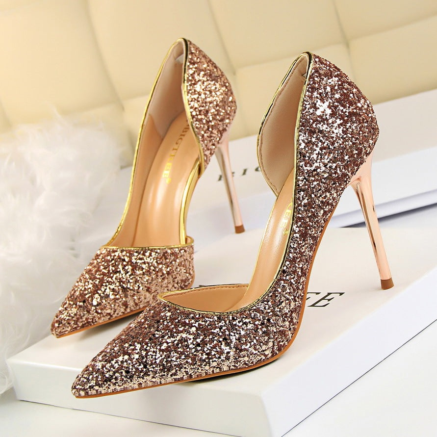 Skinny Women's Stiletto Heels with Pointed Toe, Side Hollow-out, and Sequin Accents