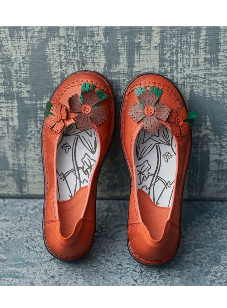 Ethnic Style Retro Handmade Cowhide Flower Soft Bottom Women's Shoes