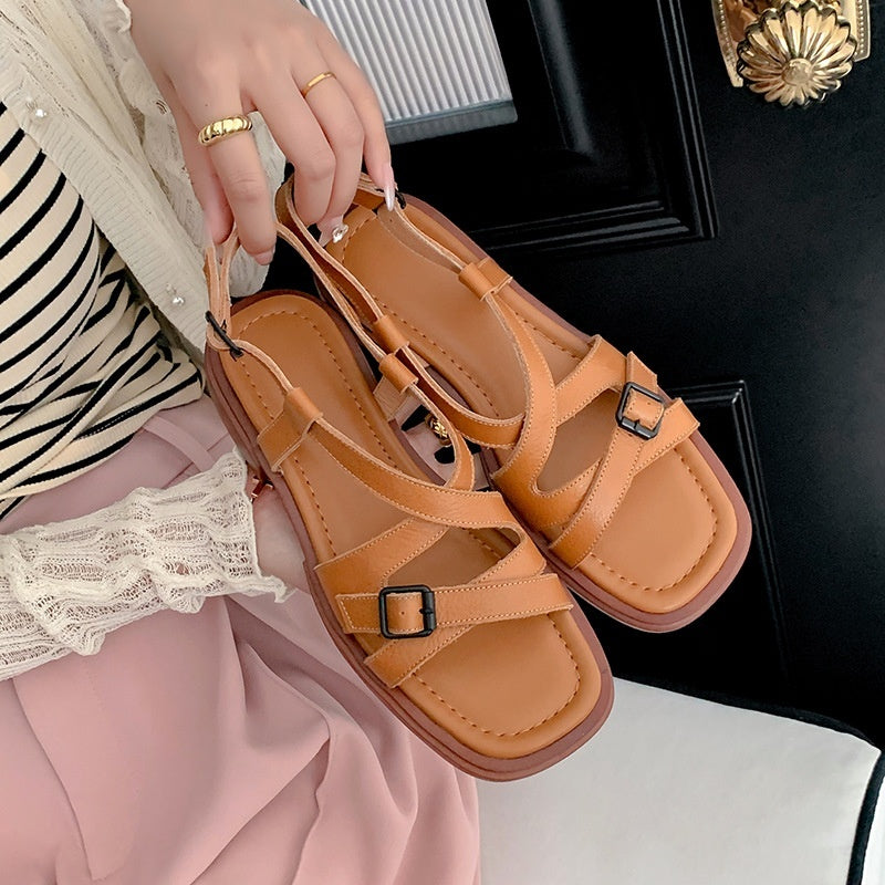 Retro Cross Strap Genuine Leather Open Toe Sandals – Stylish Low Heel Roman Style Beach Shoes