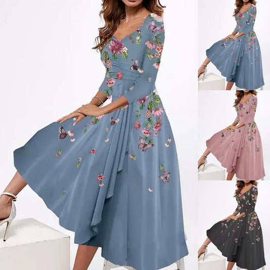 Women's Fashionable V-neck Loose Floral Print Mid-length Sleeves Dress