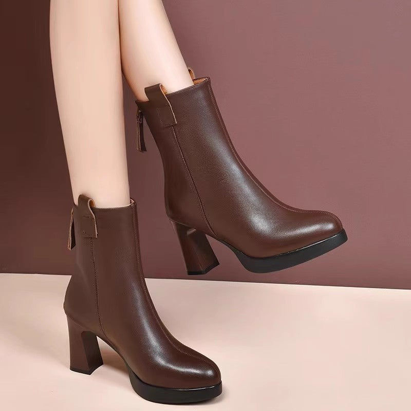 Women's Soft Leather High Heel Boots with Velvet Lining and Genuine Leather