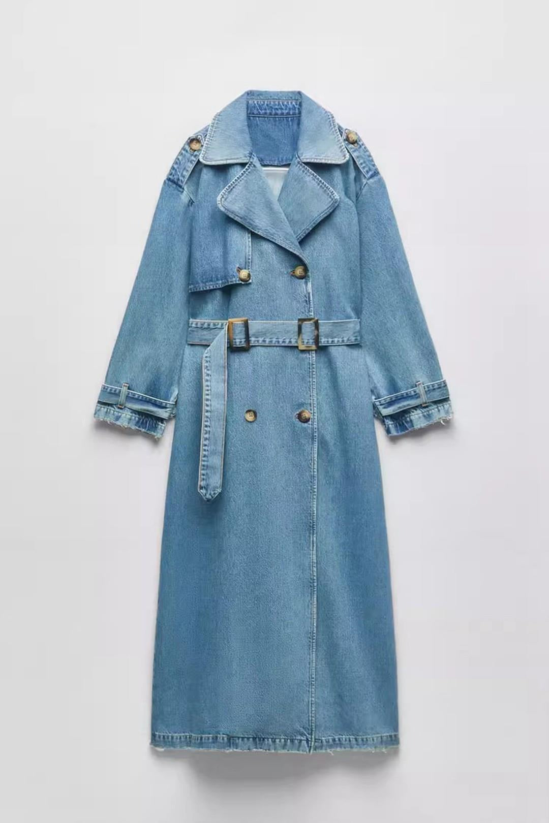 Stylish Double-Breasted Denim Trench Coat: Loose Mid-Length w/ Belt